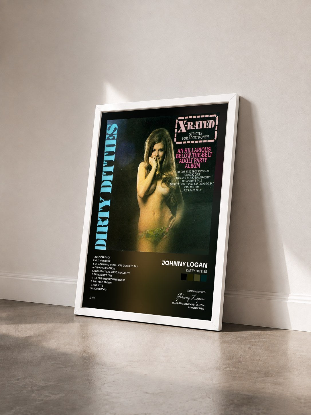 #blanc Tableau de l'album Dirty Ditties de Johnny Logan vu de trois quarts, cadre blanc