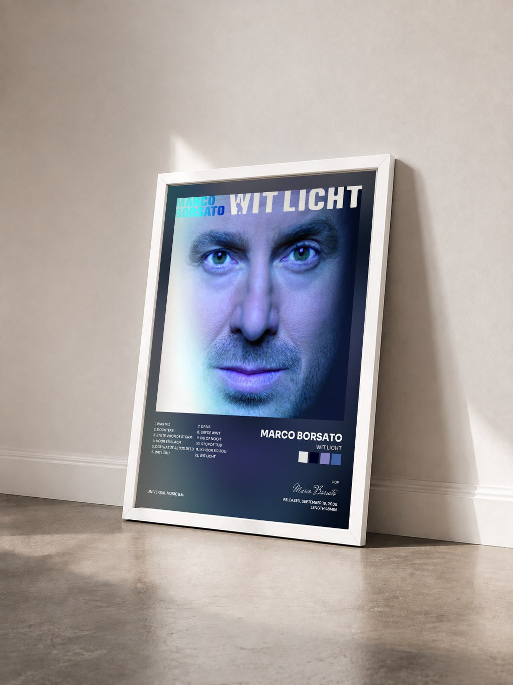#blanc Tableau de l'album Wit Licht de Marco Borsato vu de trois quarts, cadre blanc