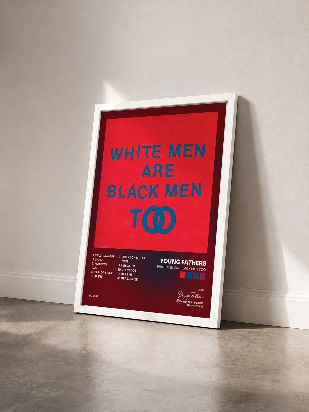 #blanc Tableau de l'album White Men Are Black Men Too de Young Fathers vu de trois quarts, cadre blanc