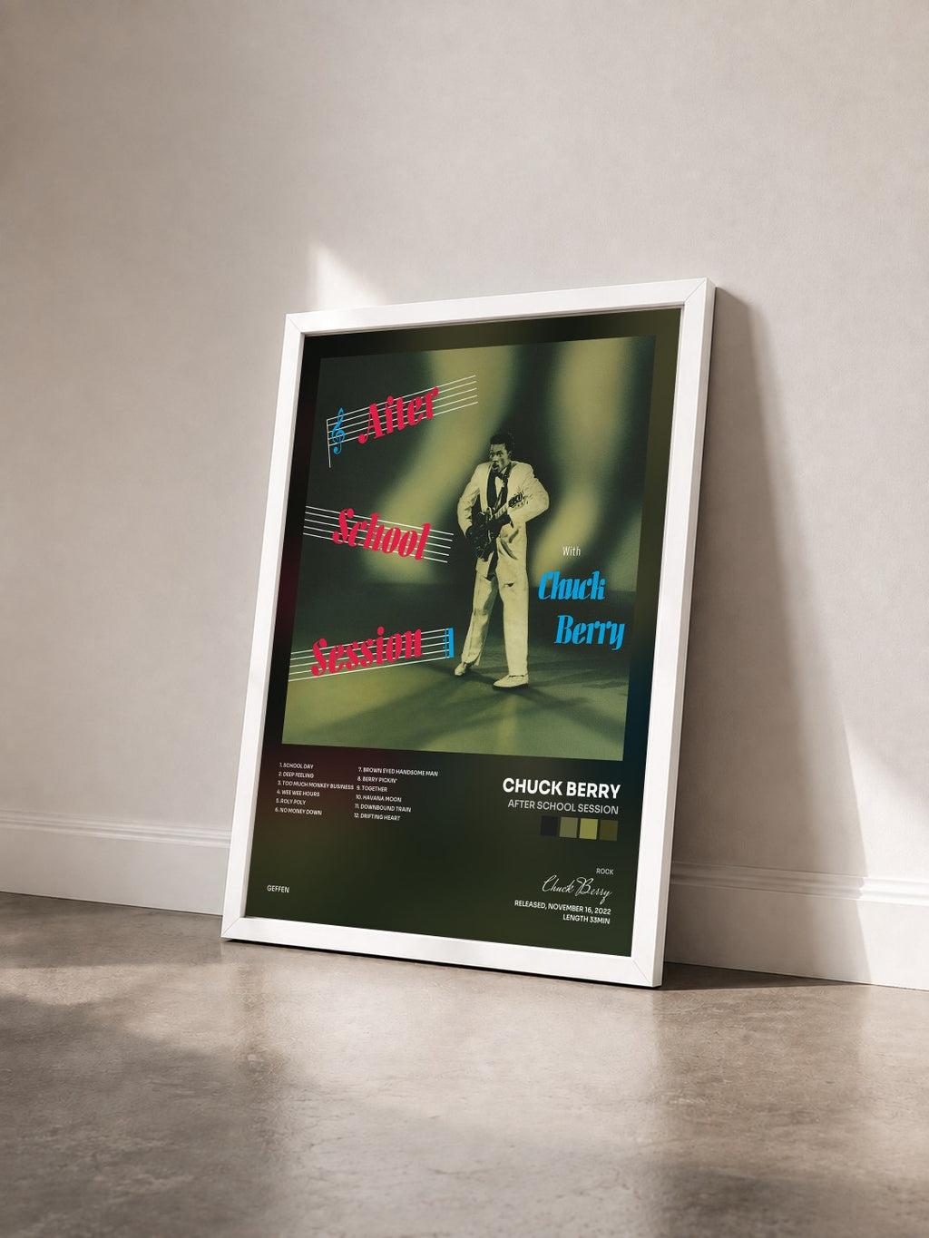 #blanc Tableau de l'album After School Session de Chuck Berry vu de trois quarts, cadre blanc