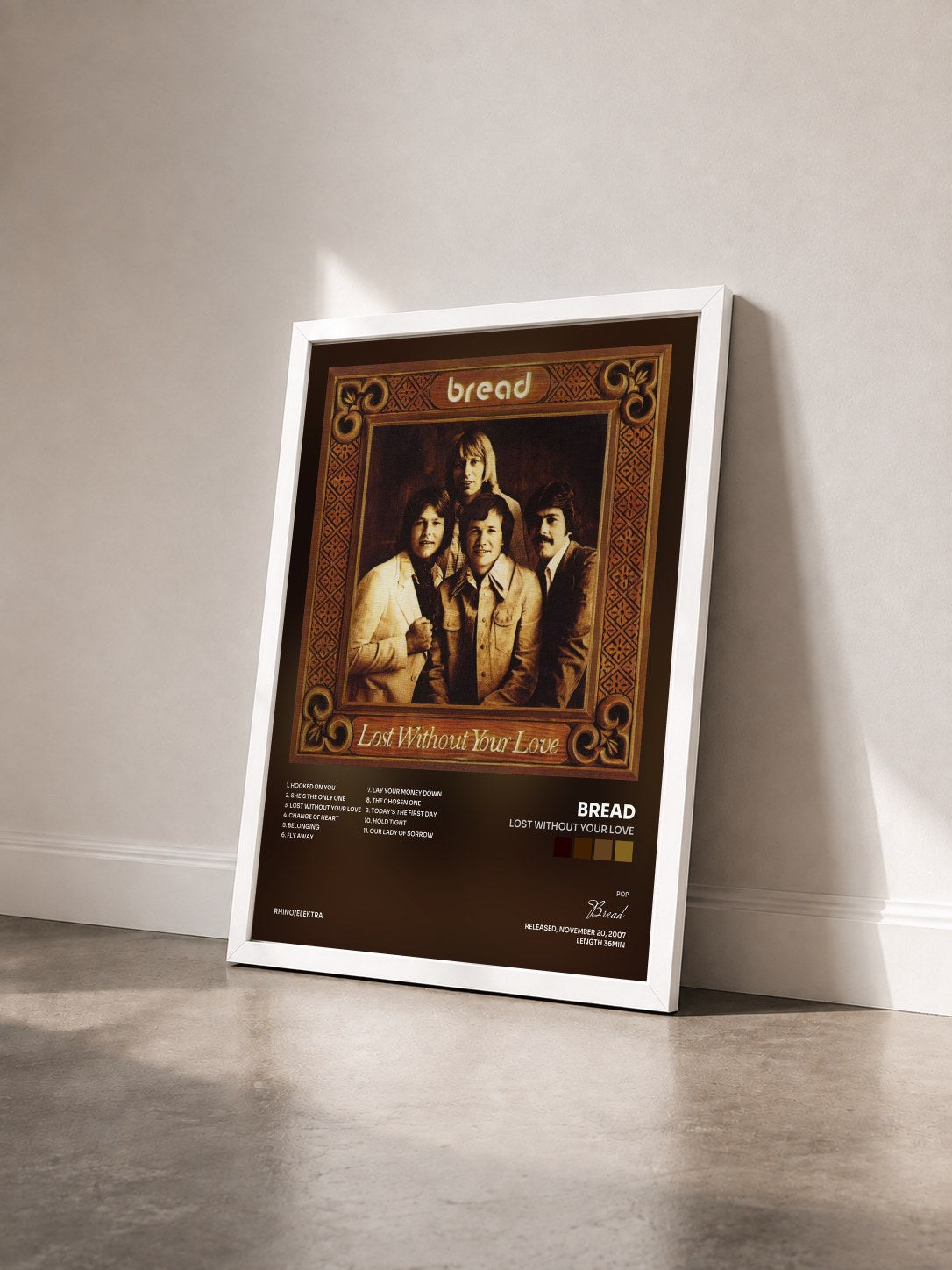 #blanc Tableau de l'album Lost Without Your Love de Bread vu de trois quarts, cadre blanc