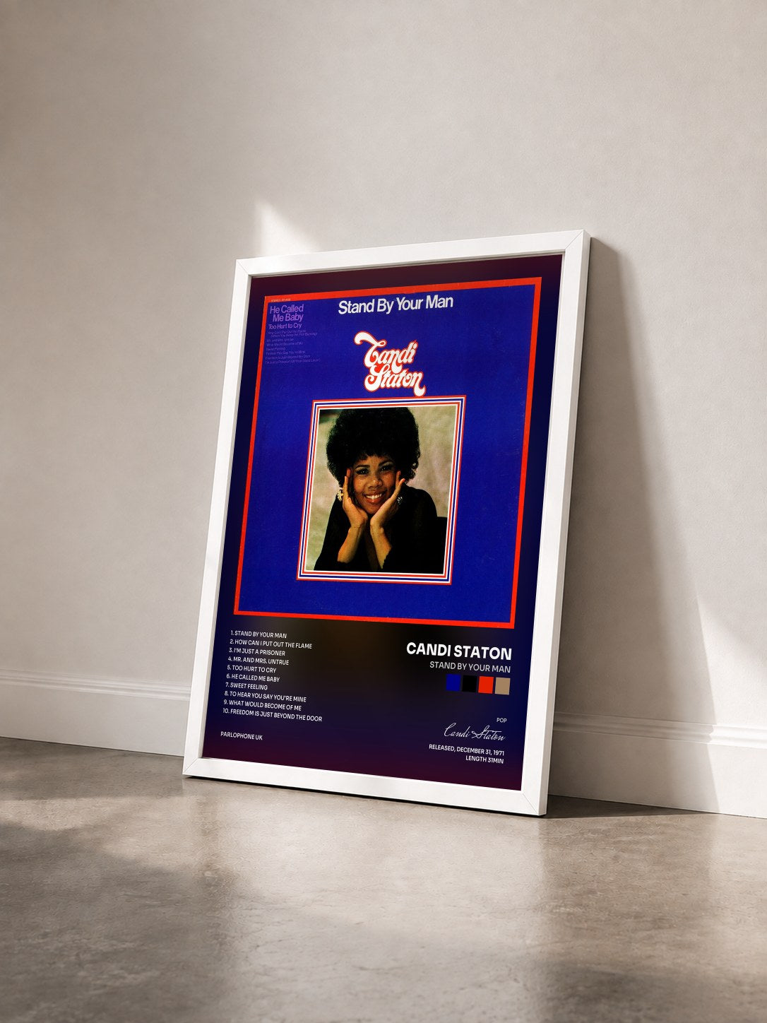 #blanc Tableau de l'album Stand By Your Man de Candi Staton vu de trois quarts, cadre blanc
