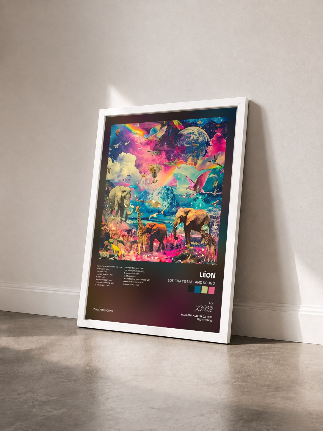 #blanc Tableau de l'album lofi that's safe and sound de LÉON vu de trois quarts, cadre blanc
