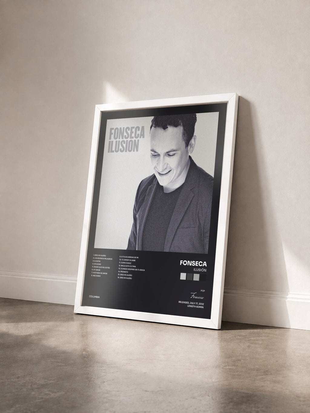 #blanc Tableau de l'album Ilusión de Fonseca vu de trois quarts, cadre blanc
