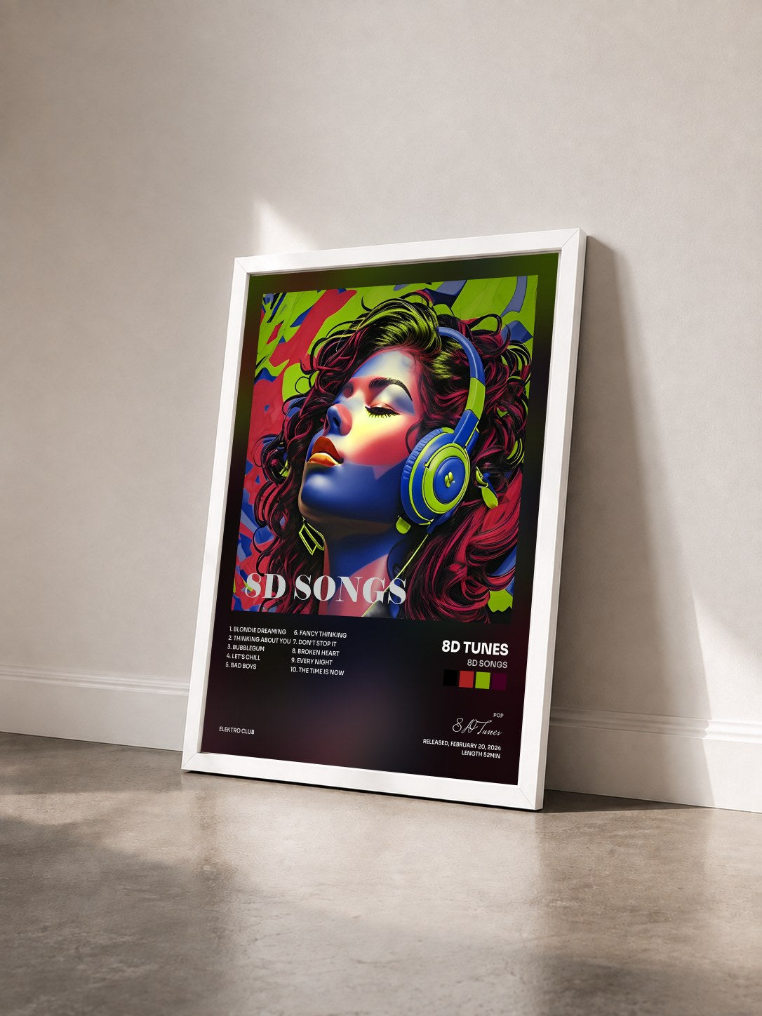 #blanc Tableau de l'album 8D Songs de 8D Tunes vu de trois quarts, cadre blanc