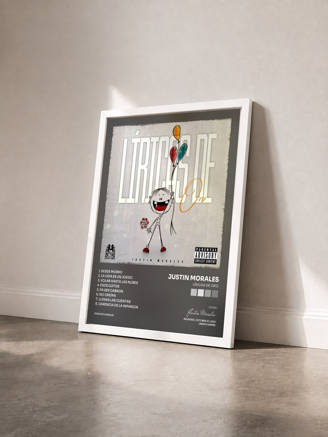 #blanc Tableau de l'album Líricas De Oro de Justin Morales vu de trois quarts, cadre blanc