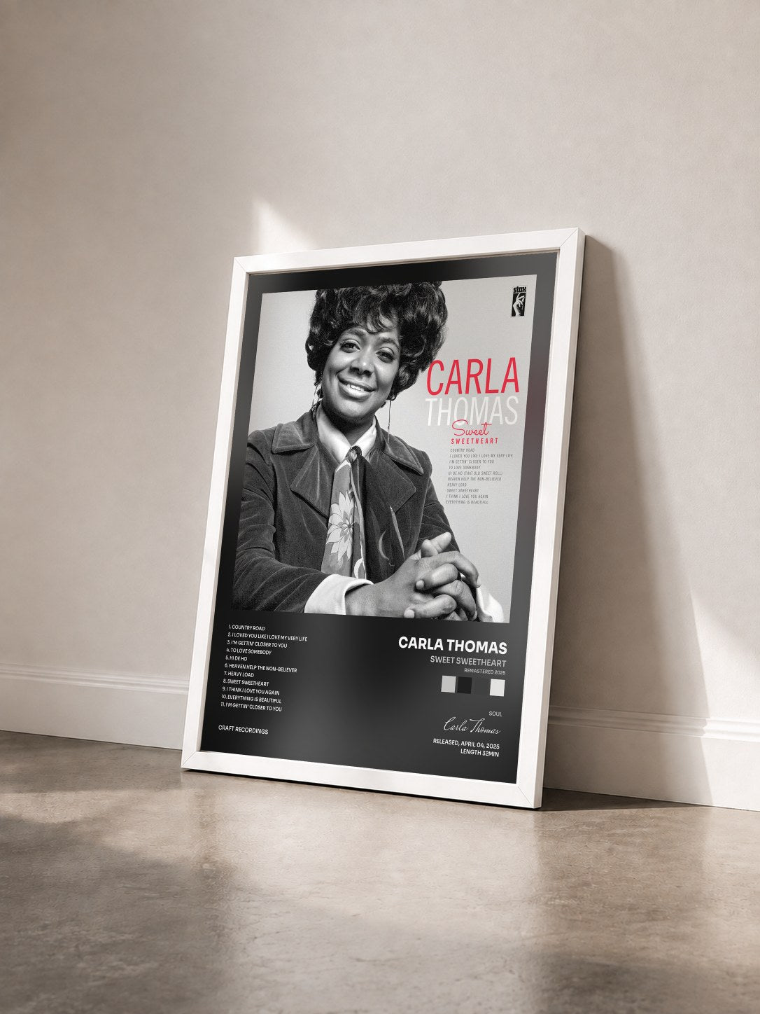 #blanc Tableau de l'album Sweet Sweetheart (Remastered 2025) de Carla Thomas vu de trois quarts, cadre blanc