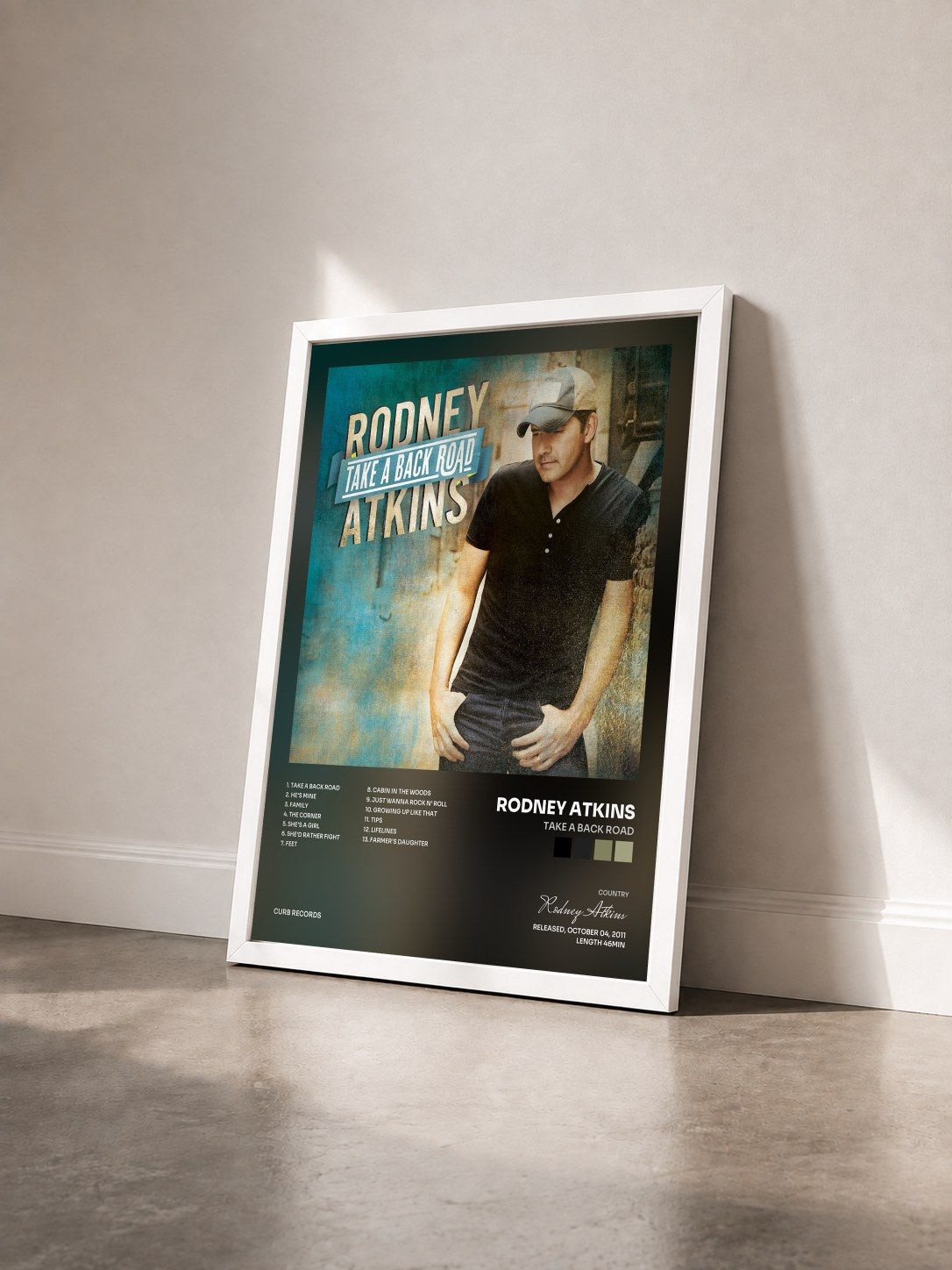 #blanc Tableau de l'album Take A Back Road de Rodney Atkins vu de trois quarts, cadre blanc