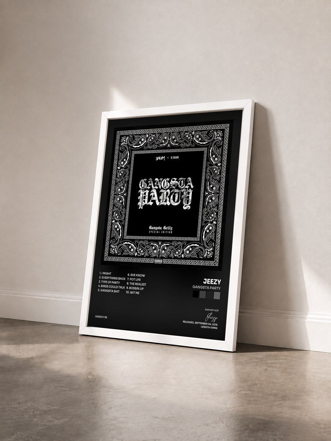 #blanc Tableau de l'album Gangsta Party de Jeezy vu de trois quarts, cadre blanc