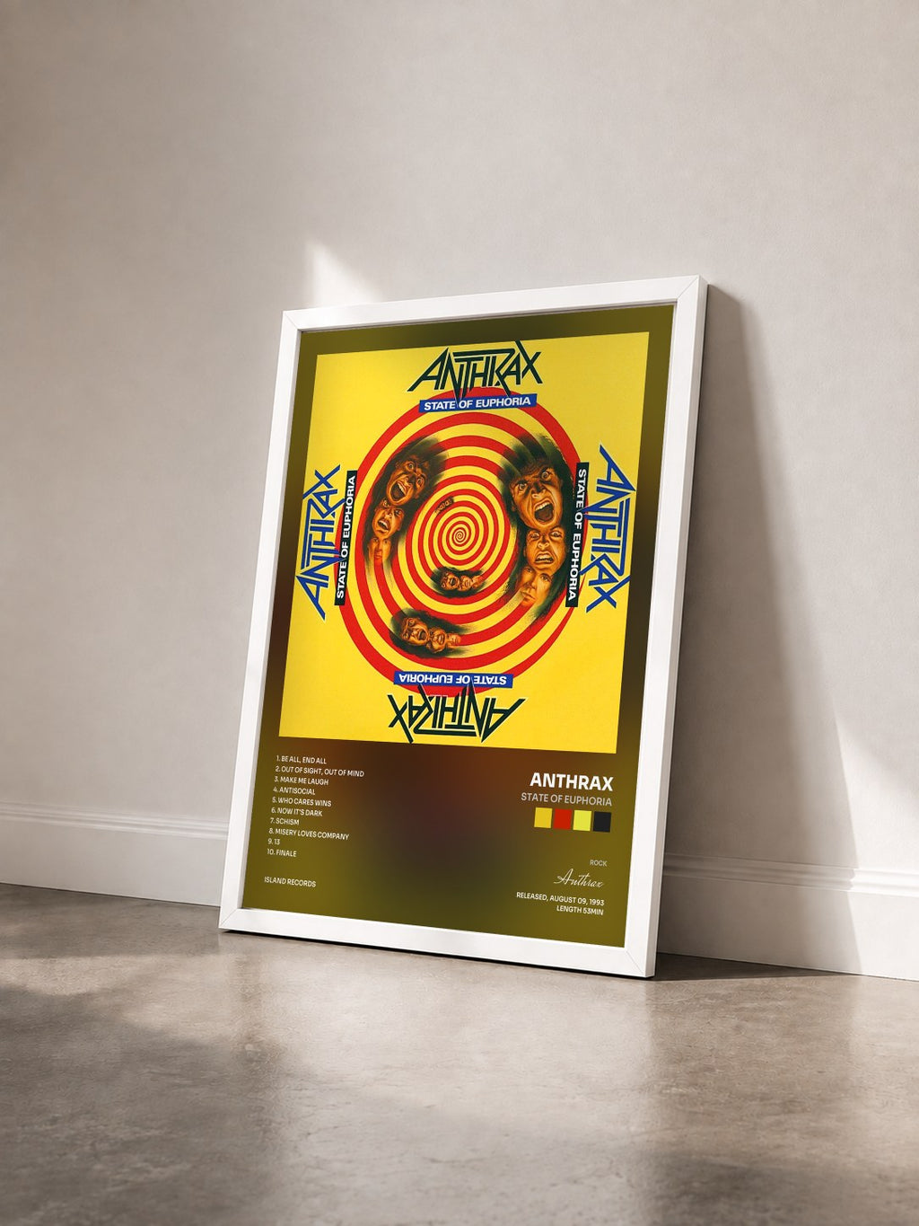 #blanc Tableau de l'album State Of Euphoria de Anthrax vu de trois quarts, cadre blanc