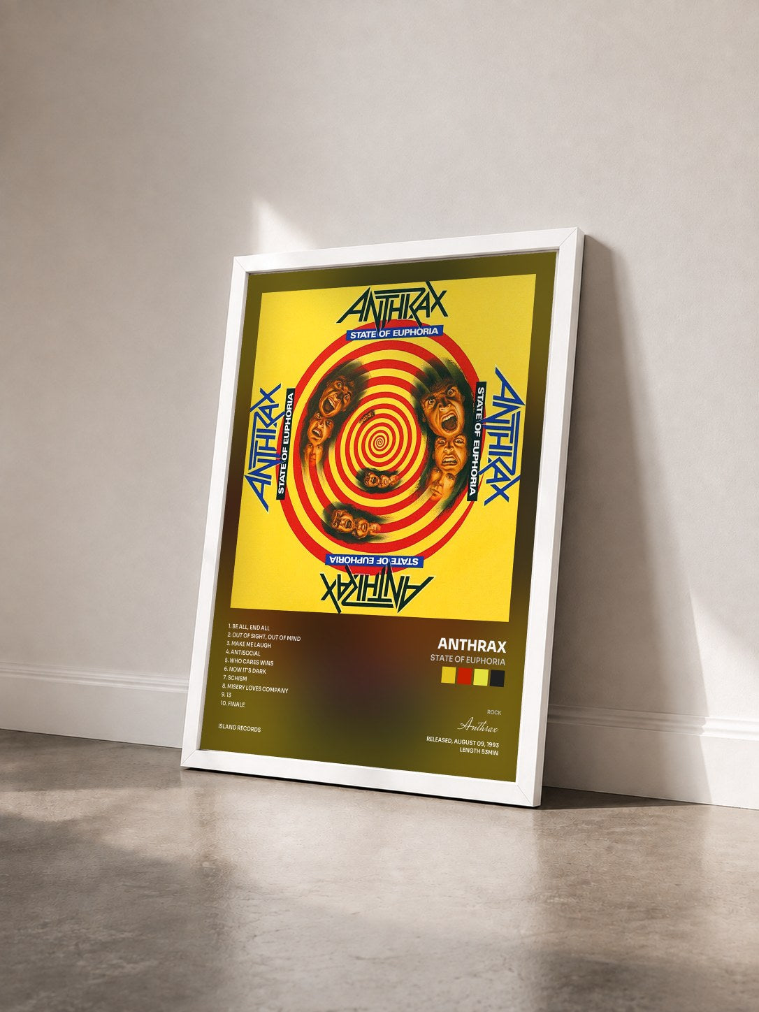 #blanc Tableau de l'album State Of Euphoria de Anthrax vu de trois quarts, cadre blanc