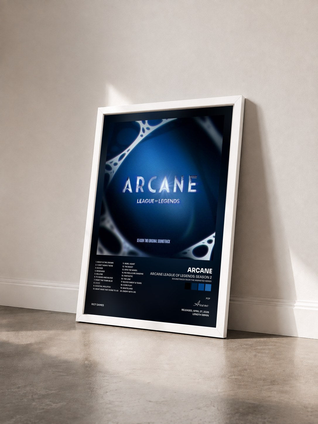 #blanc Tableau de l'album Arcane League of Legends: Season 2 (Soundtrack from the Animated Series) de Arcane vu de trois quarts, cadre blanc