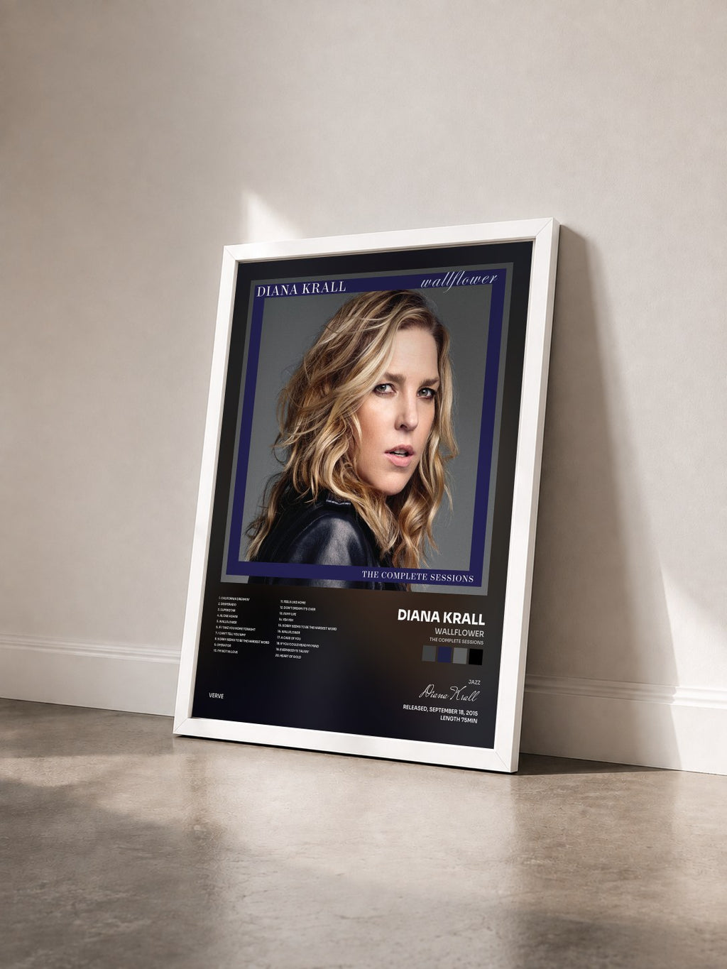 #blanc Tableau de l'album Wallflower (The Complete Sessions) de Diana Krall vu de trois quarts, cadre blanc