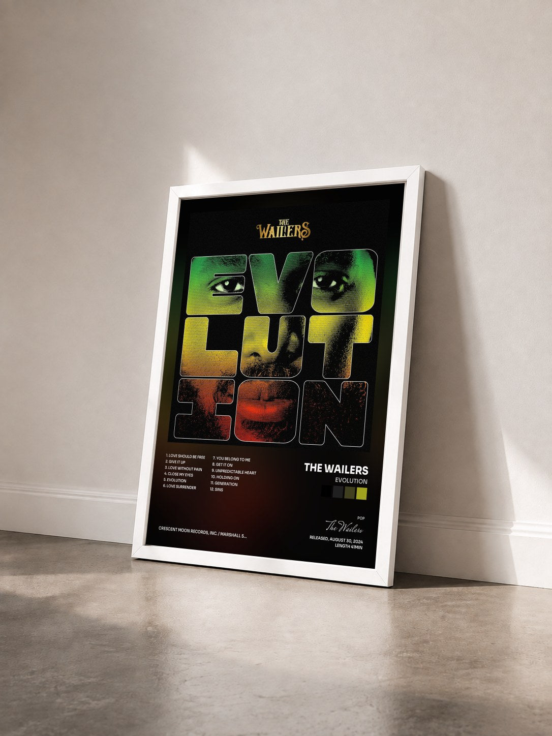 #blanc Tableau de l'album Evolution de The Wailers vu de trois quarts, cadre blanc