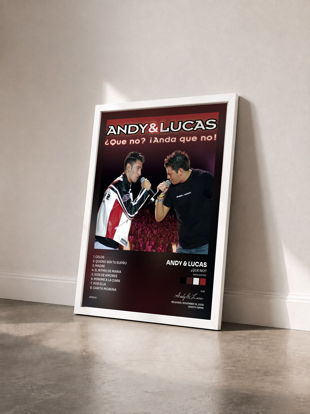 #blanc Tableau de l'album ¿Que No? (Anda Que No) de Andy & Lucas vu de trois quarts, cadre blanc
