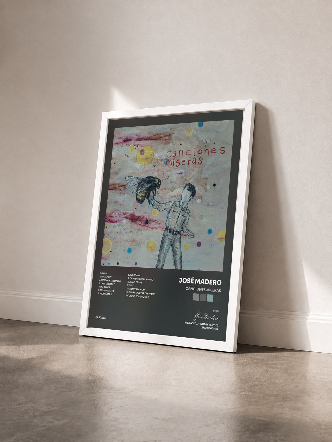 #blanc Tableau de l'album Canciones Míseras de José Madero vu de trois quarts, cadre blanc