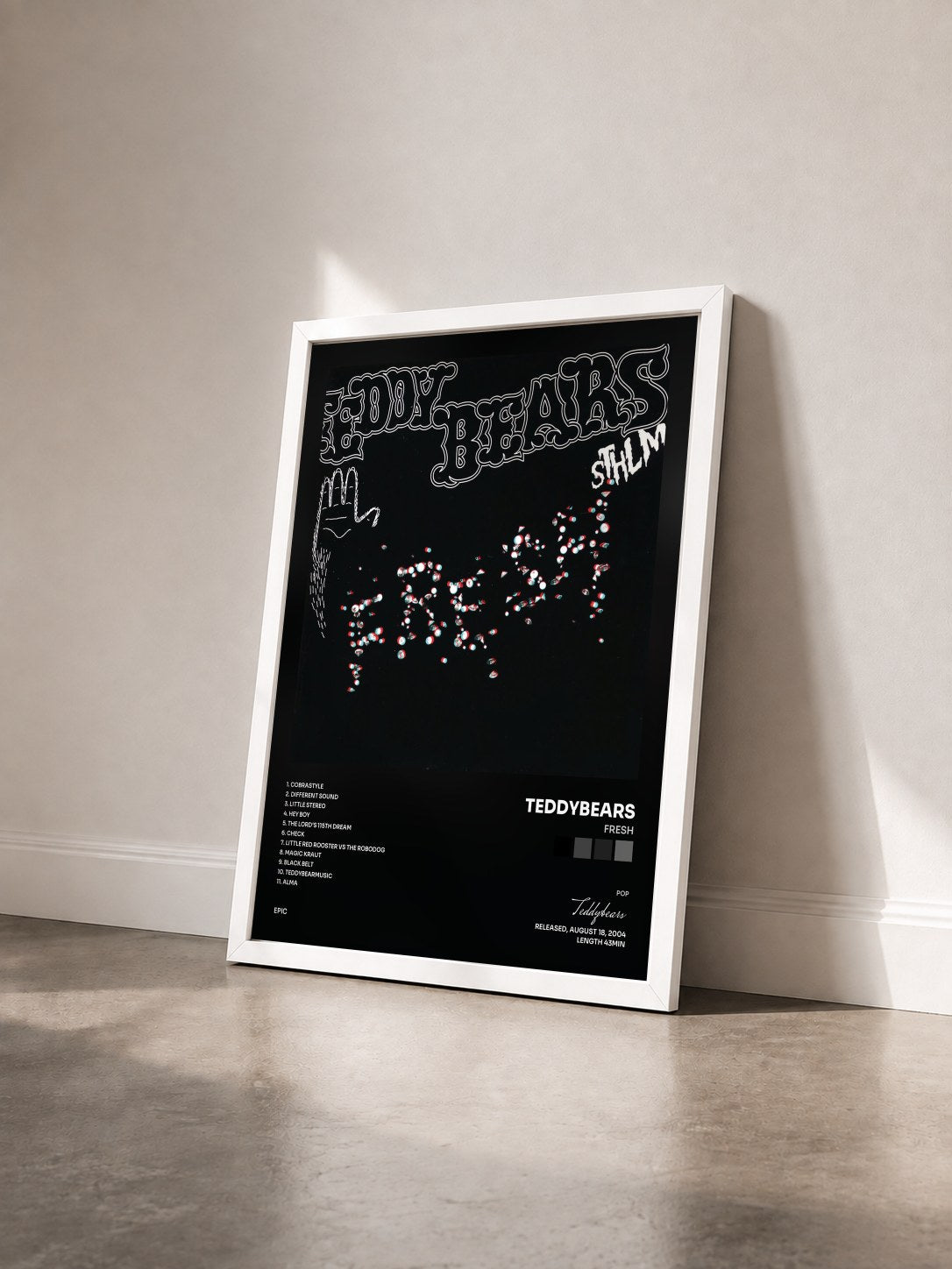 #blanc Tableau de l'album Fresh de Teddybears vu de trois quarts, cadre blanc