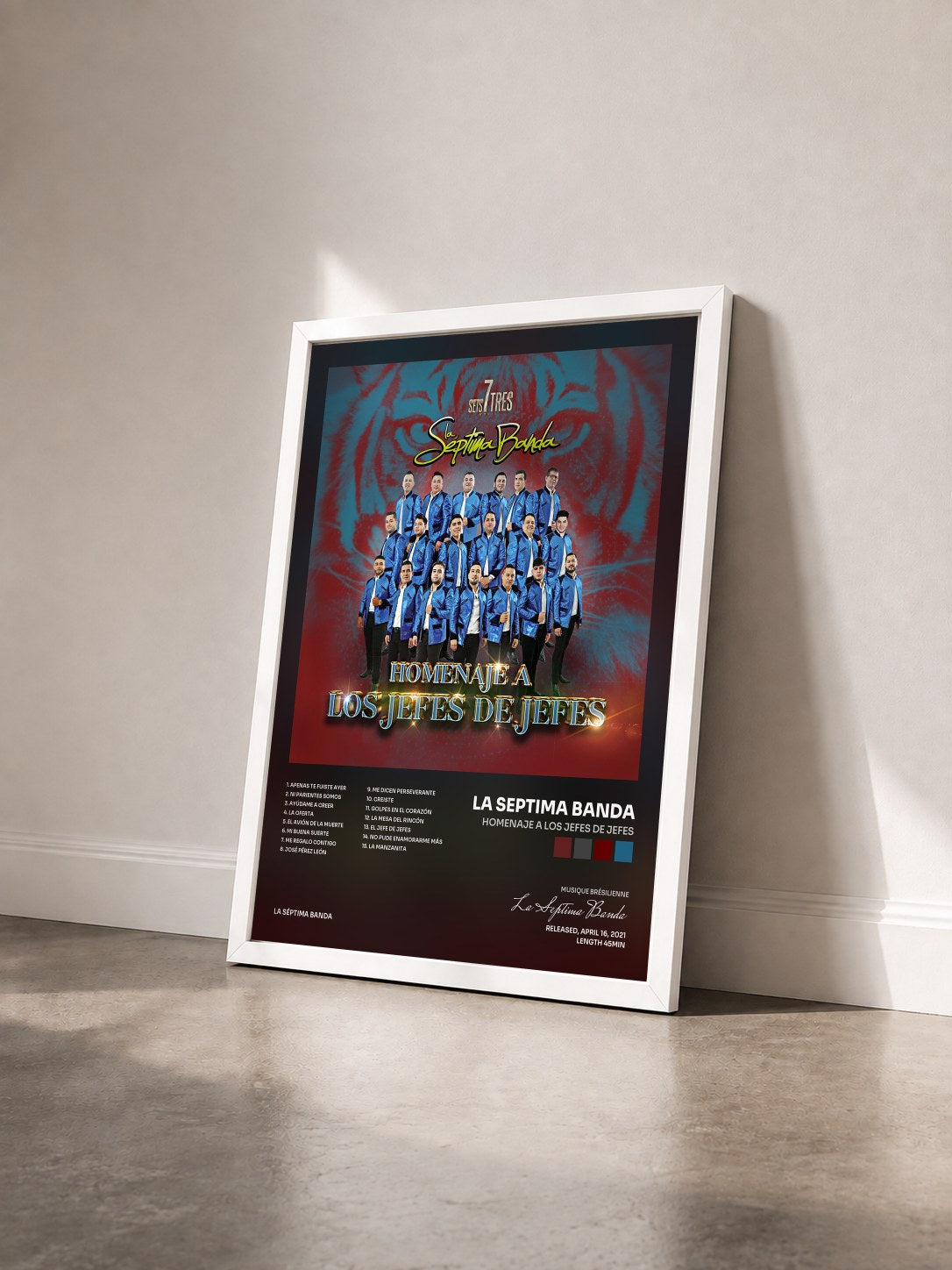 #blanc Tableau de l'album Homenaje a los Jefes de Jefes de La Septima Banda vu de trois quarts, cadre blanc