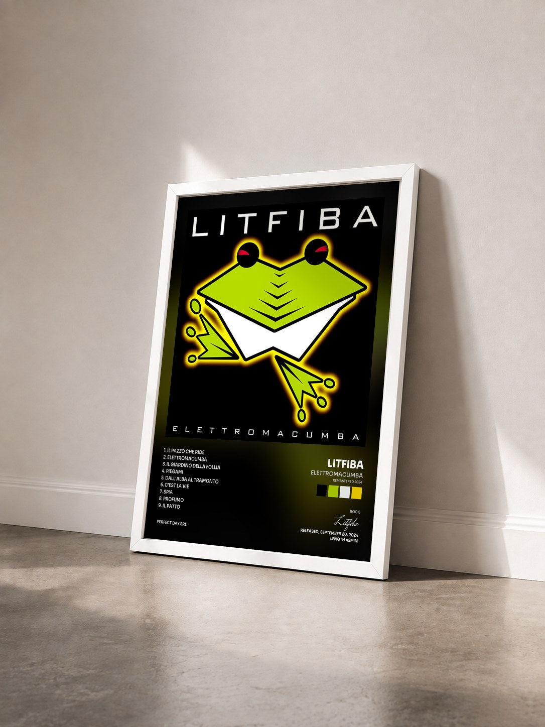#blanc Tableau de l'album Elettromacumba (Remastered 2024) de Litfiba vu de trois quarts, cadre blanc