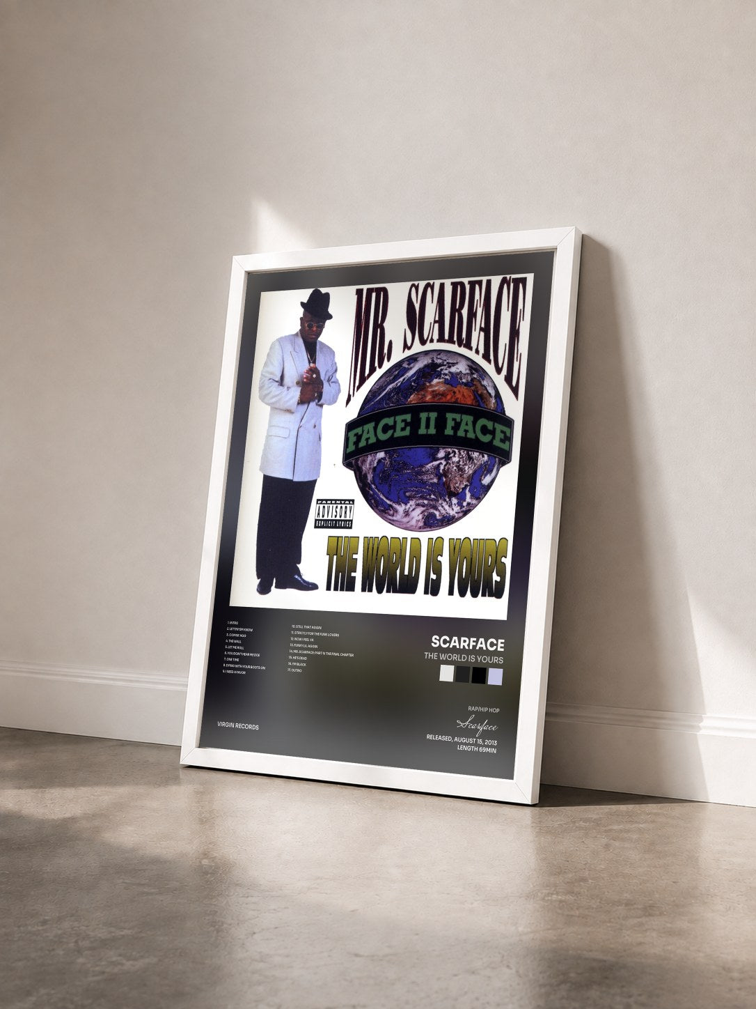 #blanc Tableau de l'album The World Is Yours de Scarface vu de trois quarts, cadre blanc