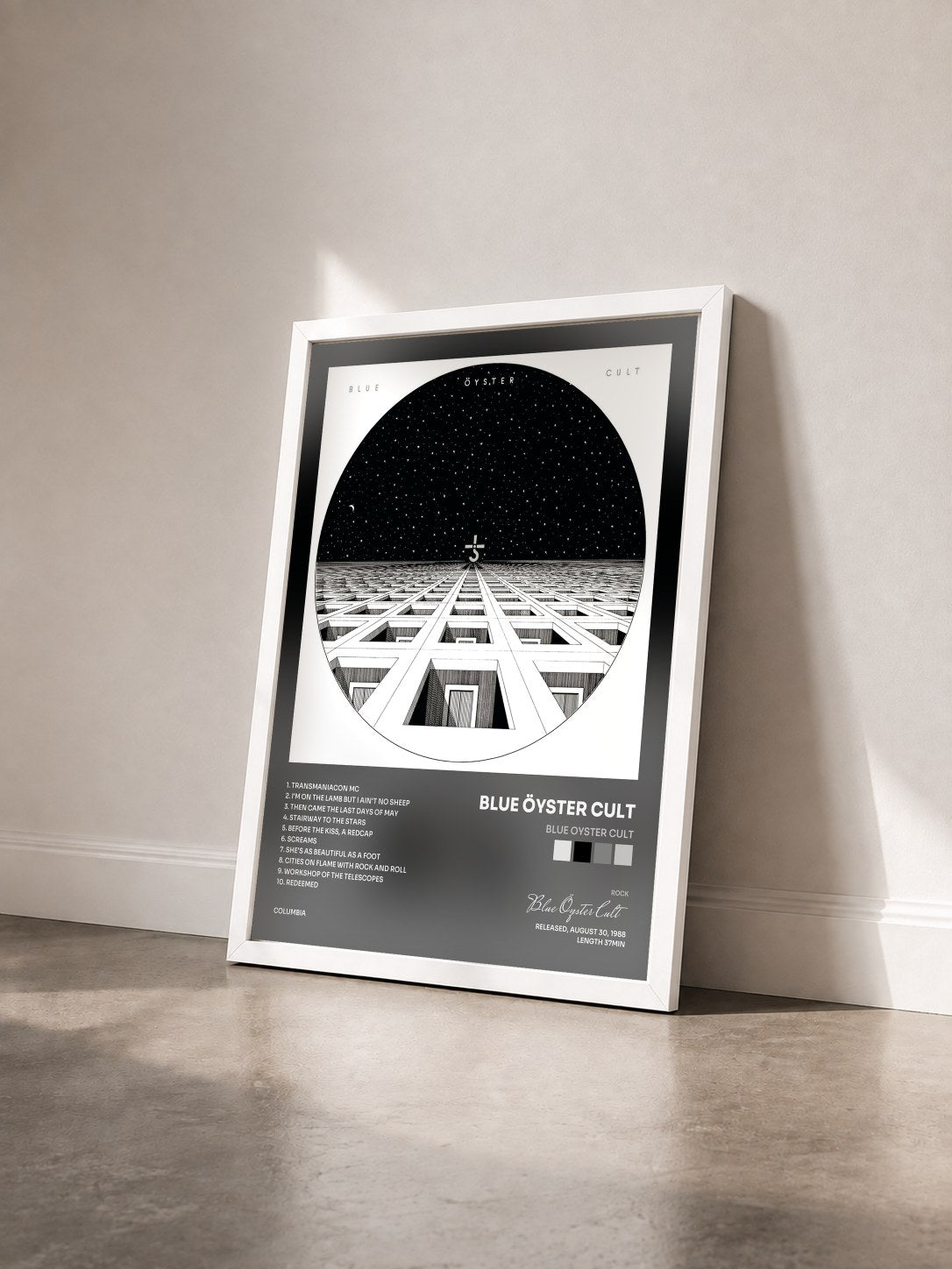 #blanc Tableau de l'album Blue Oyster Cult de Blue Öyster Cult vu de trois quarts, cadre blanc