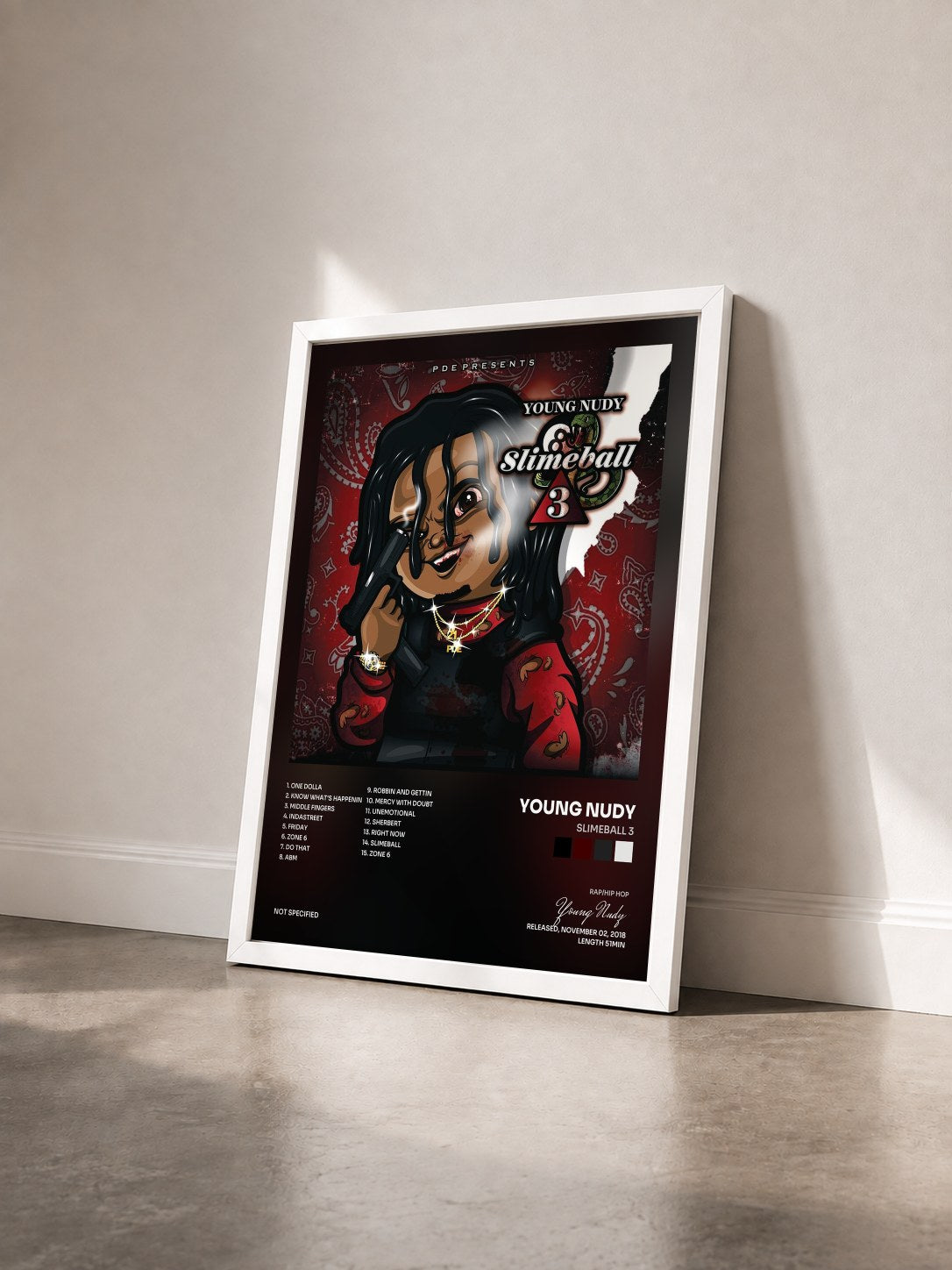 #blanc Tableau de l'album SlimeBall 3 de Young Nudy vu de trois quarts, cadre blanc