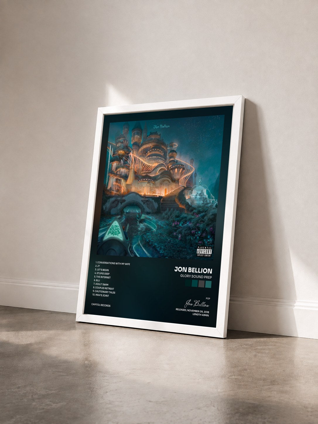#blanc Tableau de l'album Glory Sound Prep de Jon Bellion vu de trois quarts, cadre blanc