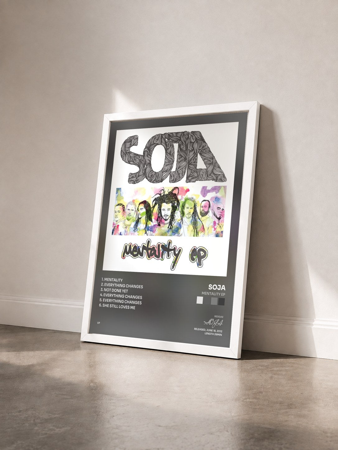 #blanc Tableau de l'album Mentality EP de SOJA vu de trois quarts, cadre blanc