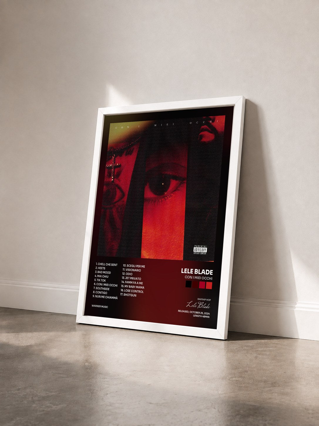 #blanc Tableau de l'album CON I MIEI OCCHI de Lele Blade vu de trois quarts, cadre blanc