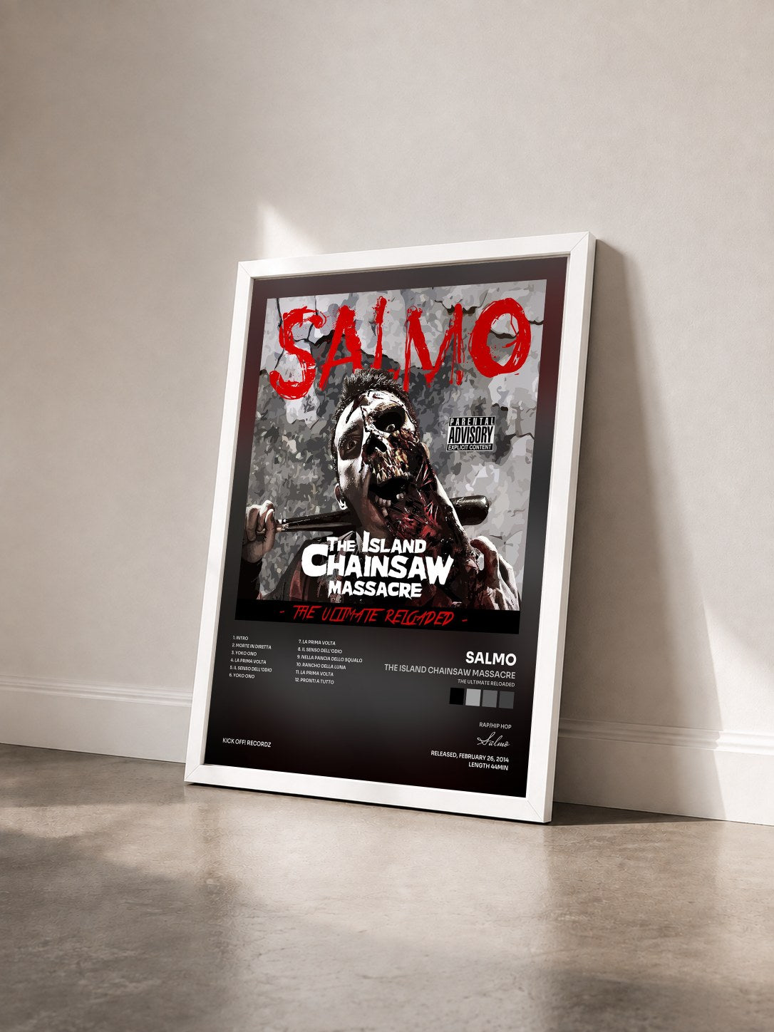 #blanc Tableau de l'album The Island Chainsaw Massacre (The Ultimate Reloaded) de Salmo vu de trois quarts, cadre blanc