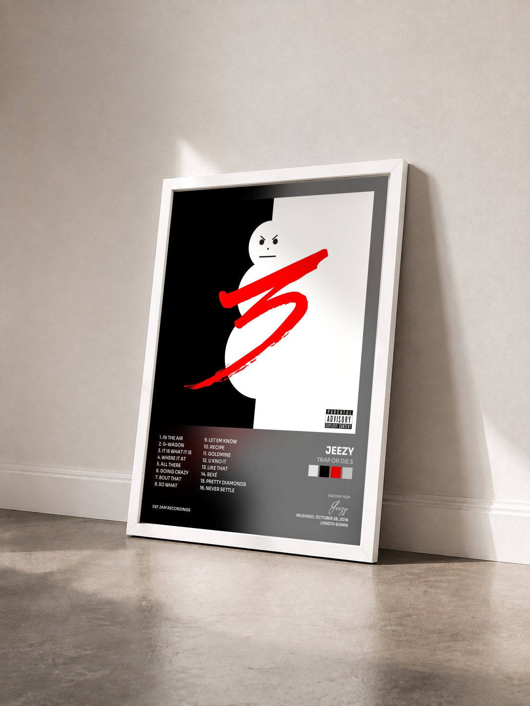 #blanc Tableau de l'album Trap Or Die 3 de Jeezy vu de trois quarts, cadre blanc
