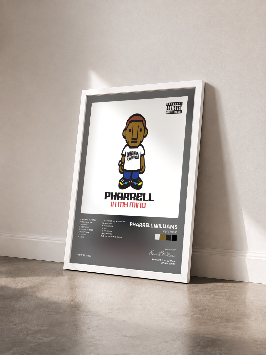 #blanc Tableau de l'album In My Mind de Pharrell Williams vu de trois quarts, cadre blanc