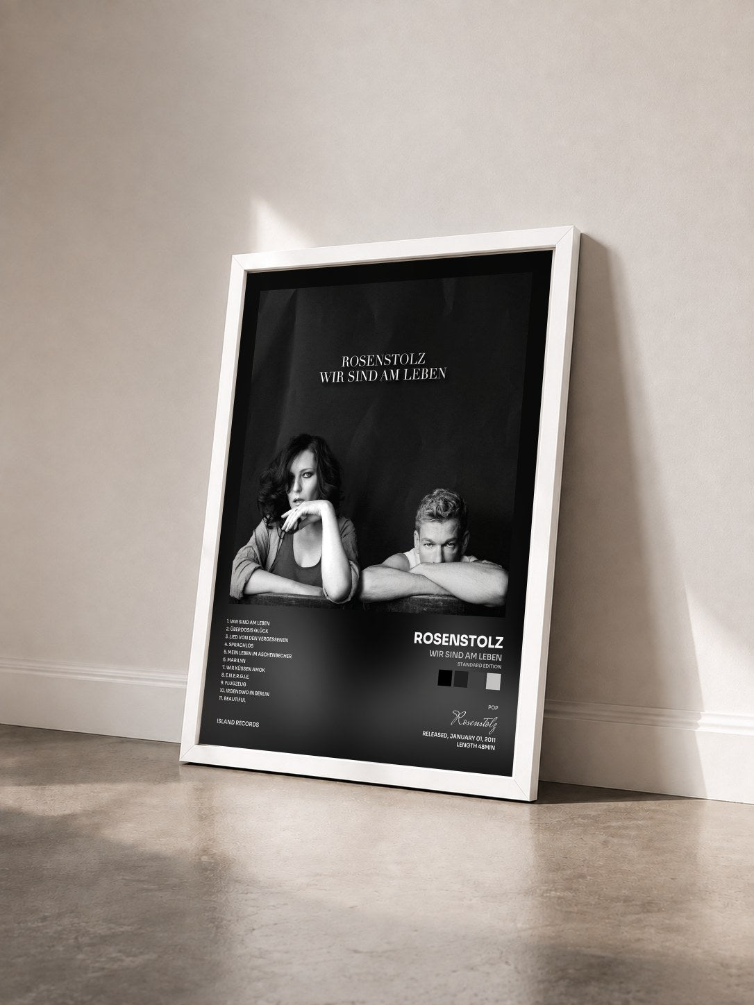 #blanc Tableau de l'album Wir sind am Leben (Standard Edition) de Rosenstolz vu de trois quarts, cadre blanc