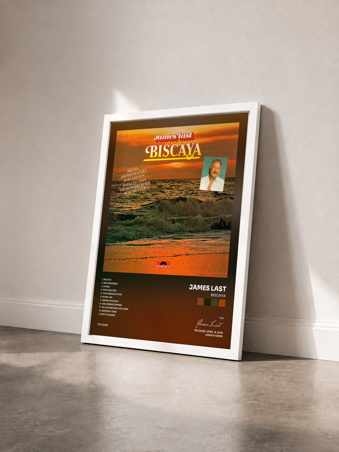 #blanc Tableau de l'album Biscaya de James Last vu de trois quarts, cadre blanc