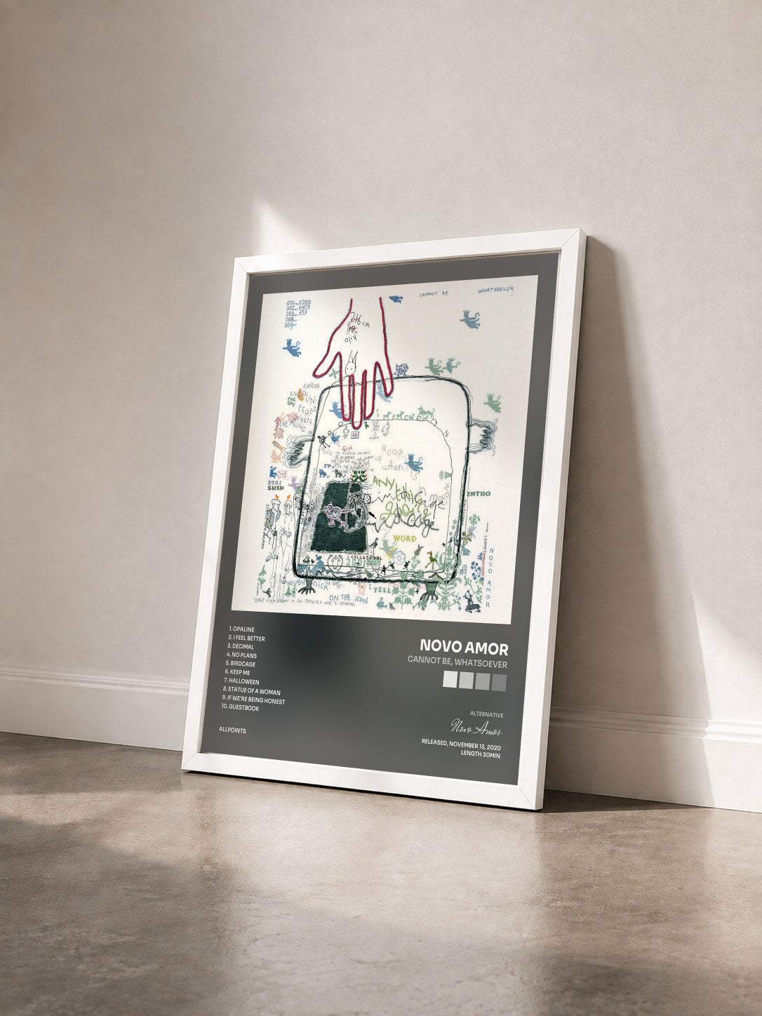 #blanc Tableau de l'album Cannot Be, Whatsoever de Novo Amor vu de trois quarts, cadre blanc