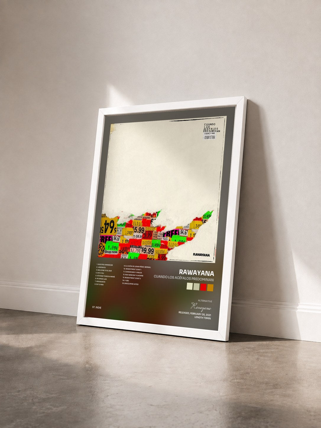 #blanc Tableau de l'album Cuando Los Acéfalos Predominan de Rawayana vu de trois quarts, cadre blanc