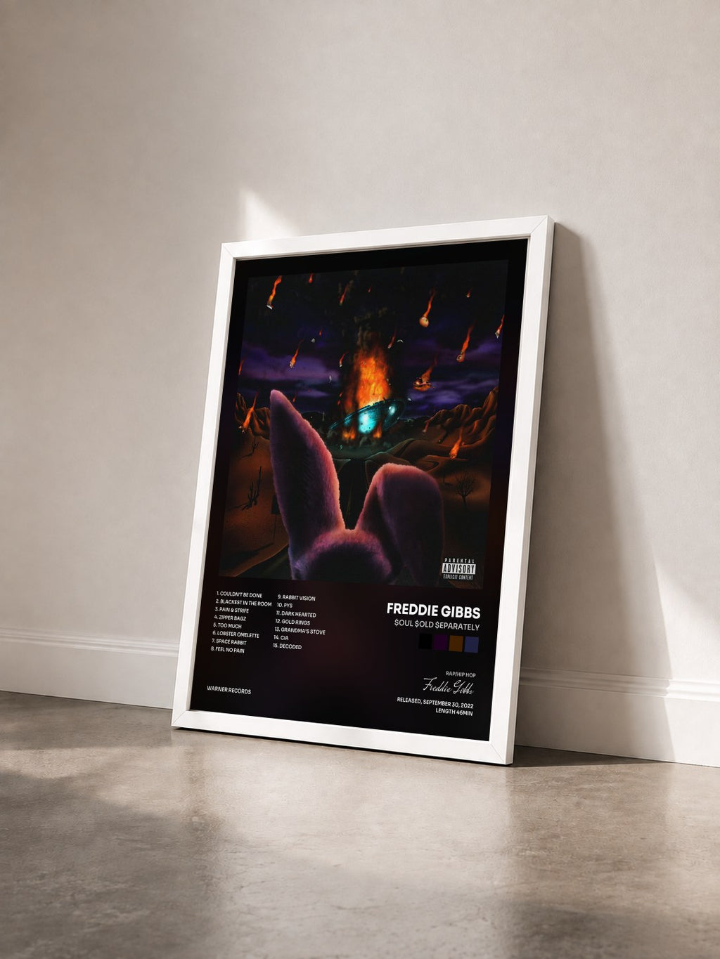 #blanc $oul $old $eparately by Freddie Gibbs as a framed art print seen at an angle, white frame