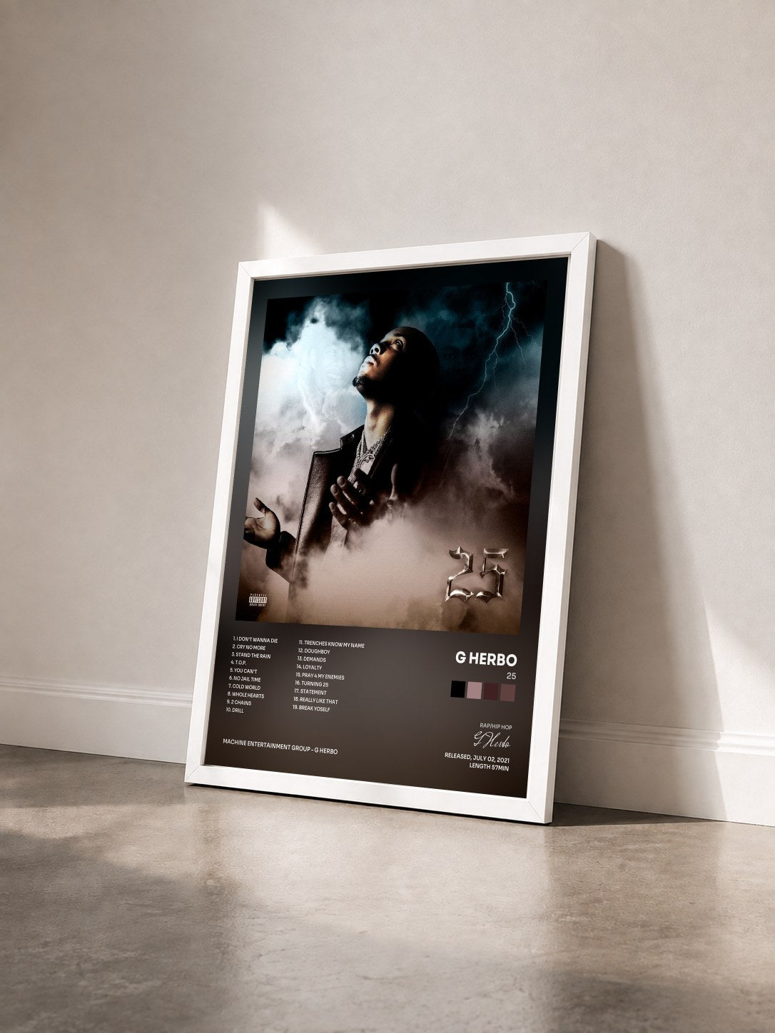 #blanc Tableau de l'album 25 de G Herbo vu de trois quarts, cadre blanc