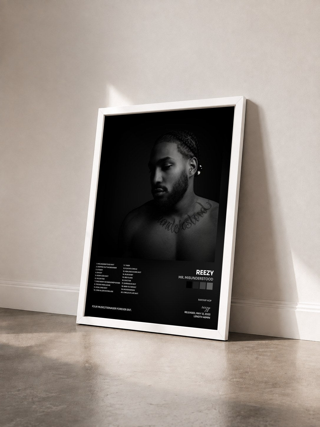 #blanc Tableau de l'album MR. MISUNDERSTOOD de reezy vu de trois quarts, cadre blanc