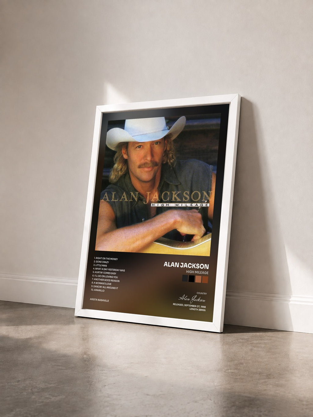 #blanc Tableau de l'album High Mileage de Alan Jackson vu de trois quarts, cadre blanc
