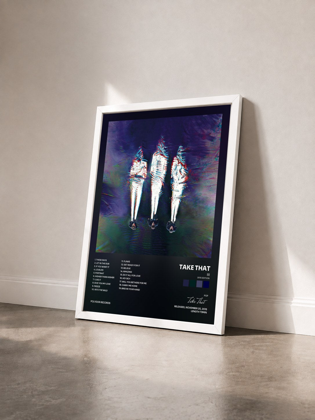 #blanc Tableau de l'album III (2015 Edition) de Take That vu de trois quarts, cadre blanc