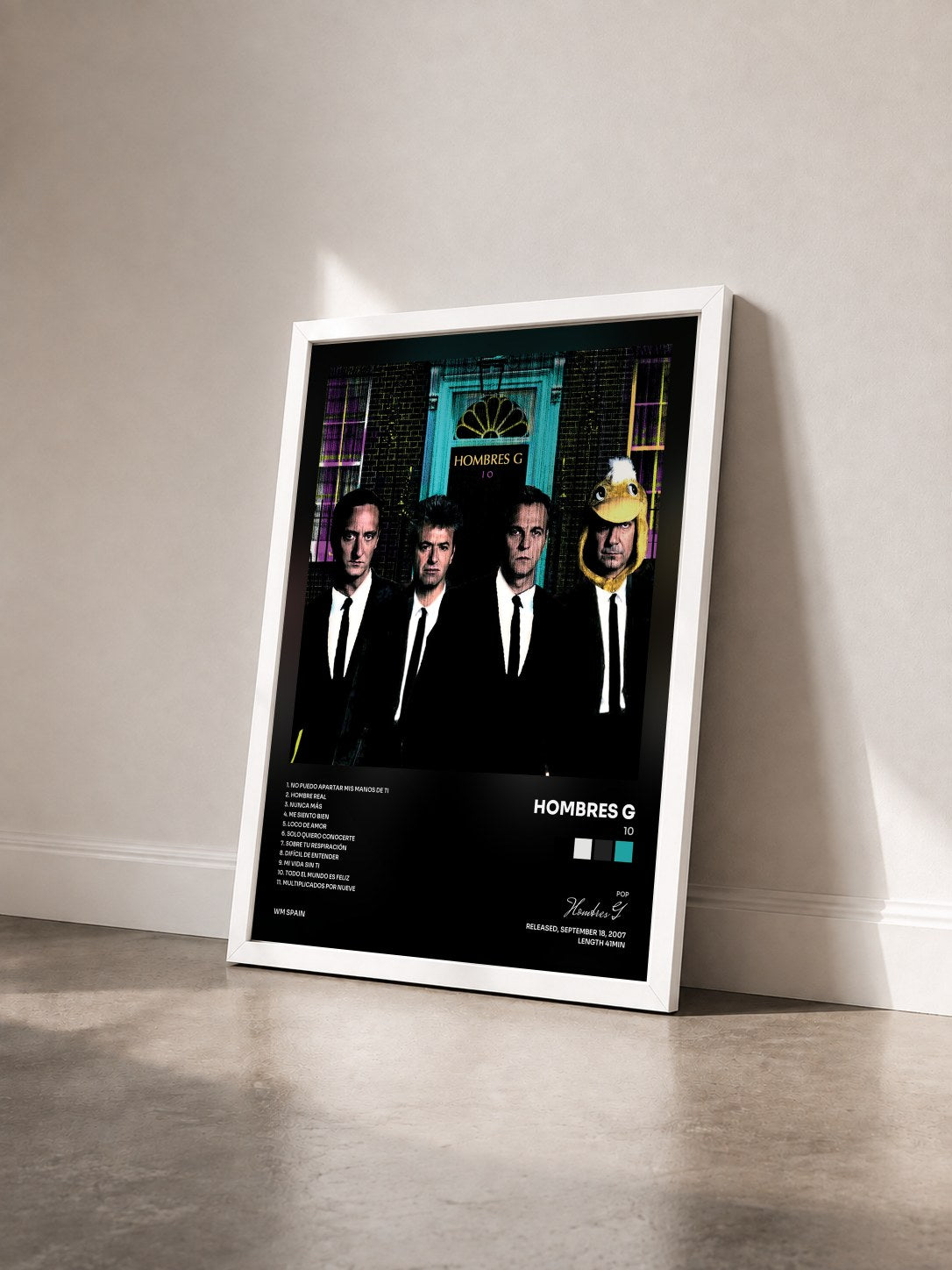 #blanc Tableau de l'album 10 de Hombres G vu de trois quarts, cadre blanc