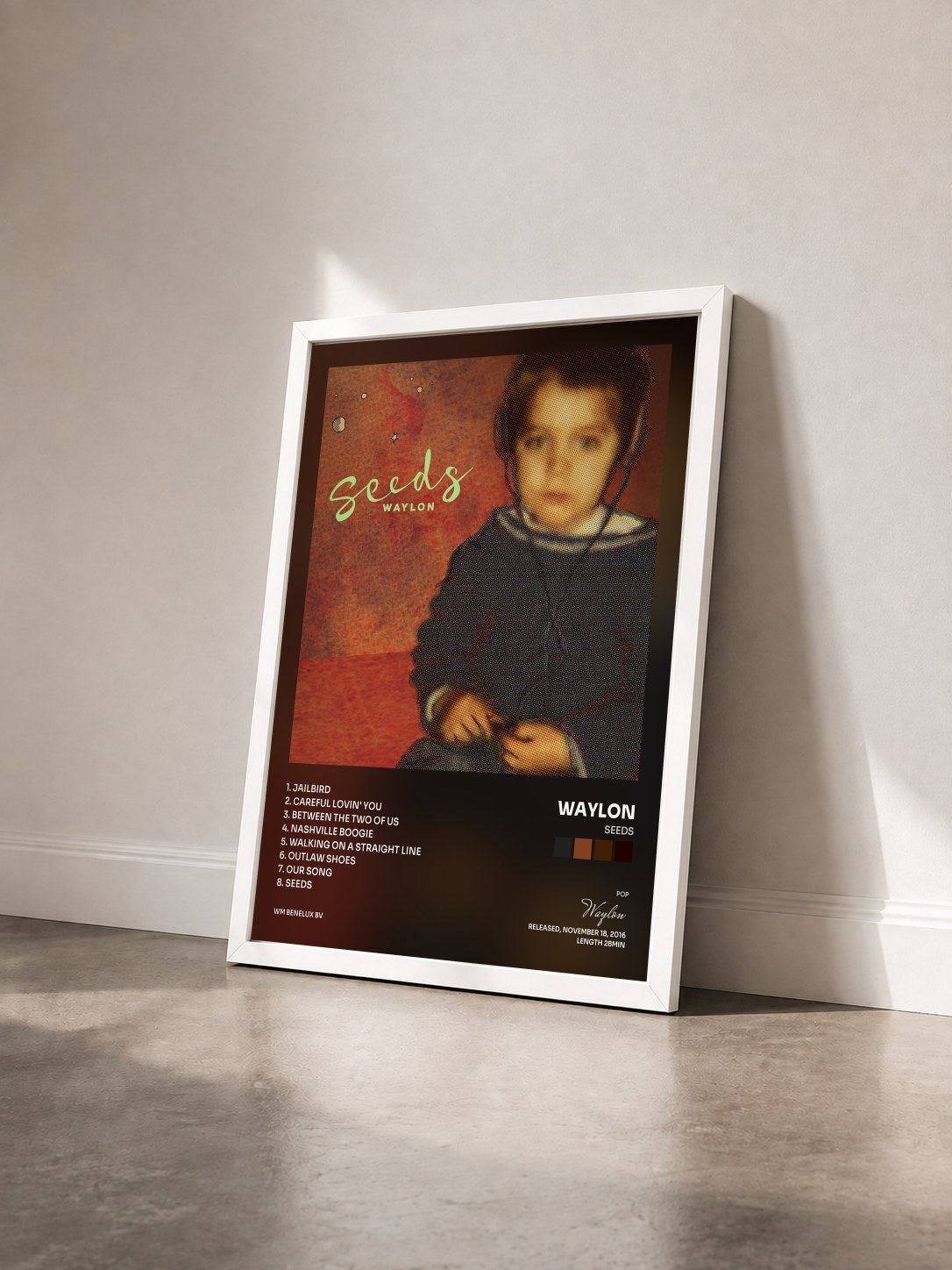 #blanc Tableau de l'album Seeds de Waylon vu de trois quarts, cadre blanc