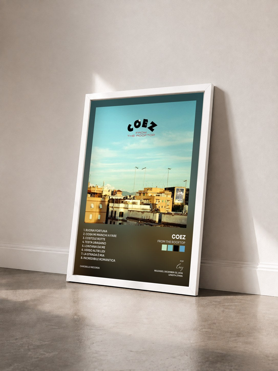 #blanc Tableau de l'album From the Rooftop de Coez vu de trois quarts, cadre blanc