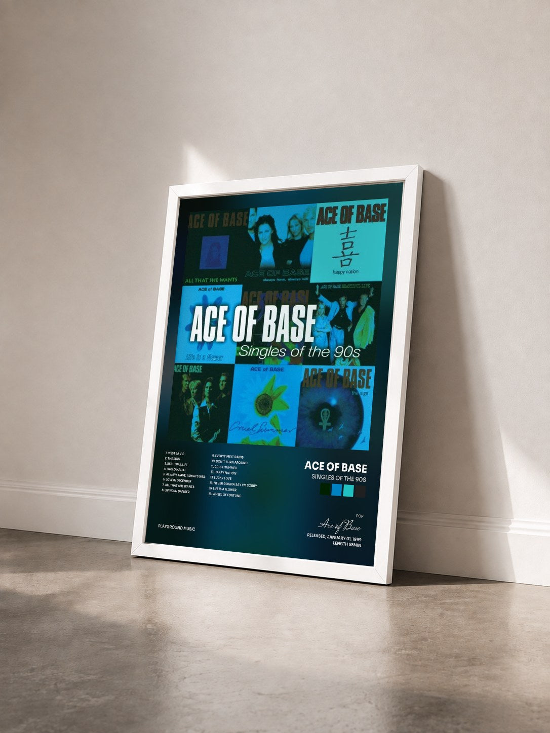 #blanc Tableau de l'album Singles of the 90s de Ace of Base vu de trois quarts, cadre blanc