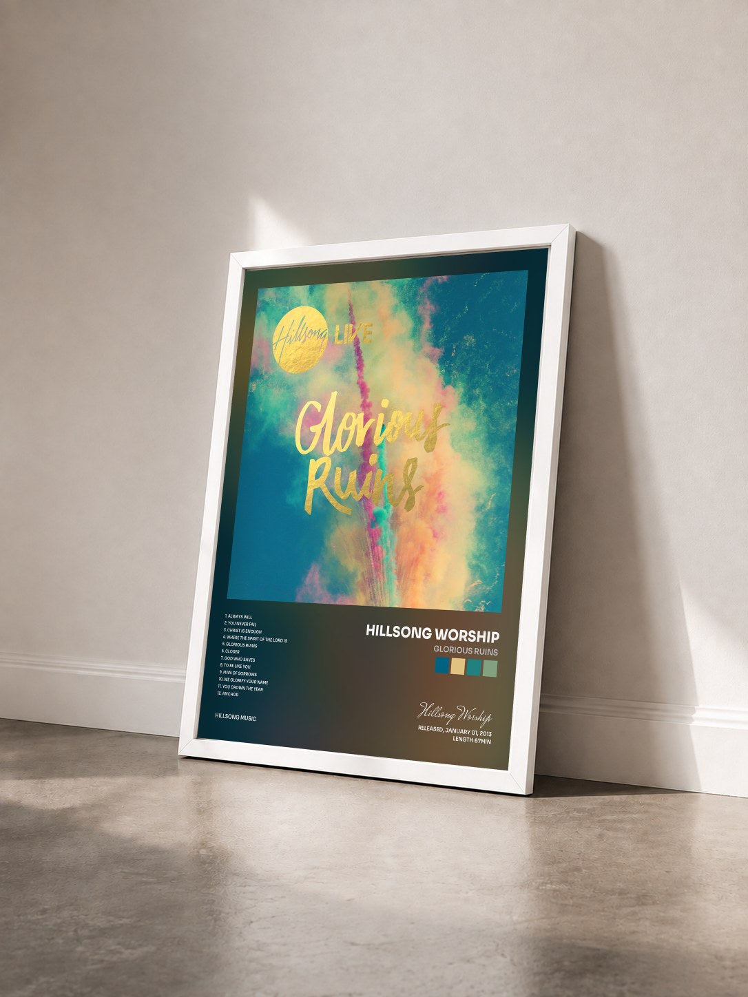 #blanc Tableau de l'album Glorious Ruins de Hillsong Worship vu de trois quarts, cadre blanc