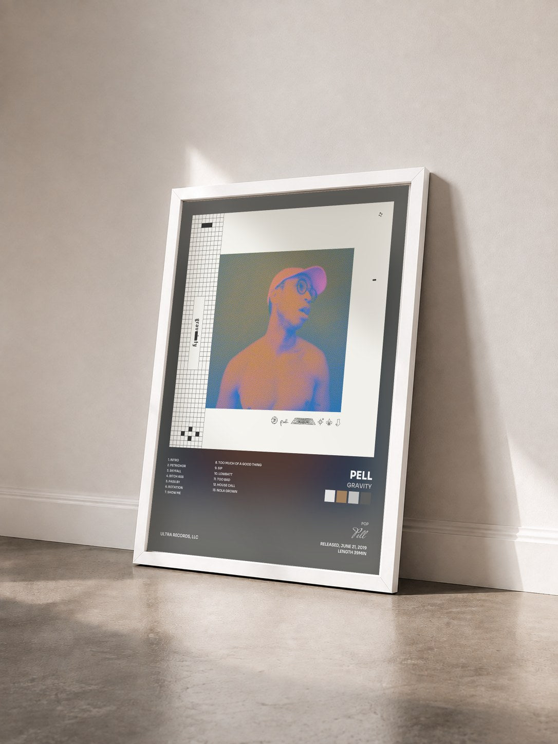 #blanc Tableau de l'album Gravity de Pell vu de trois quarts, cadre blanc