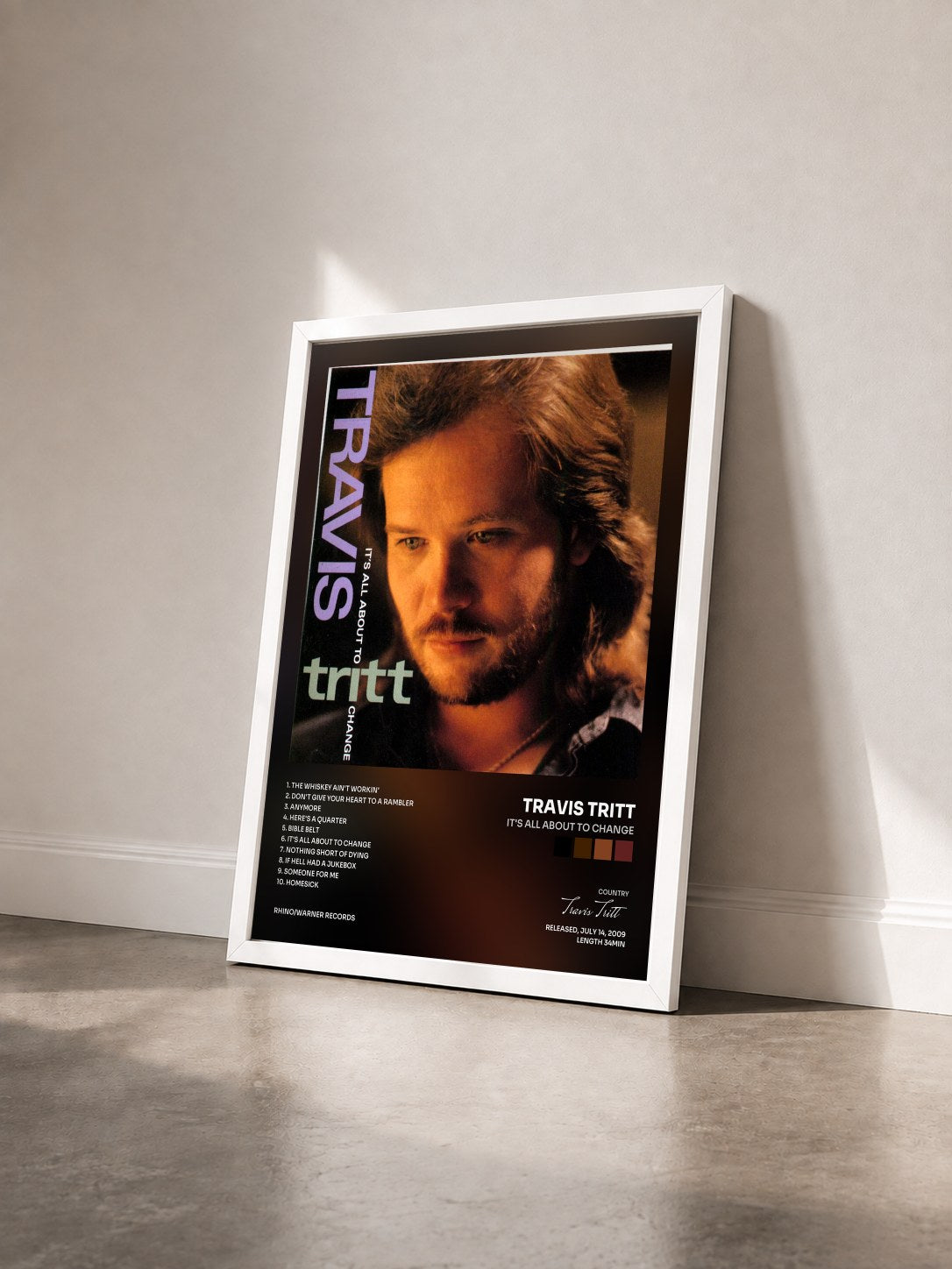 #blanc Tableau de l'album It's All About to Change de Travis Tritt vu de trois quarts, cadre blanc