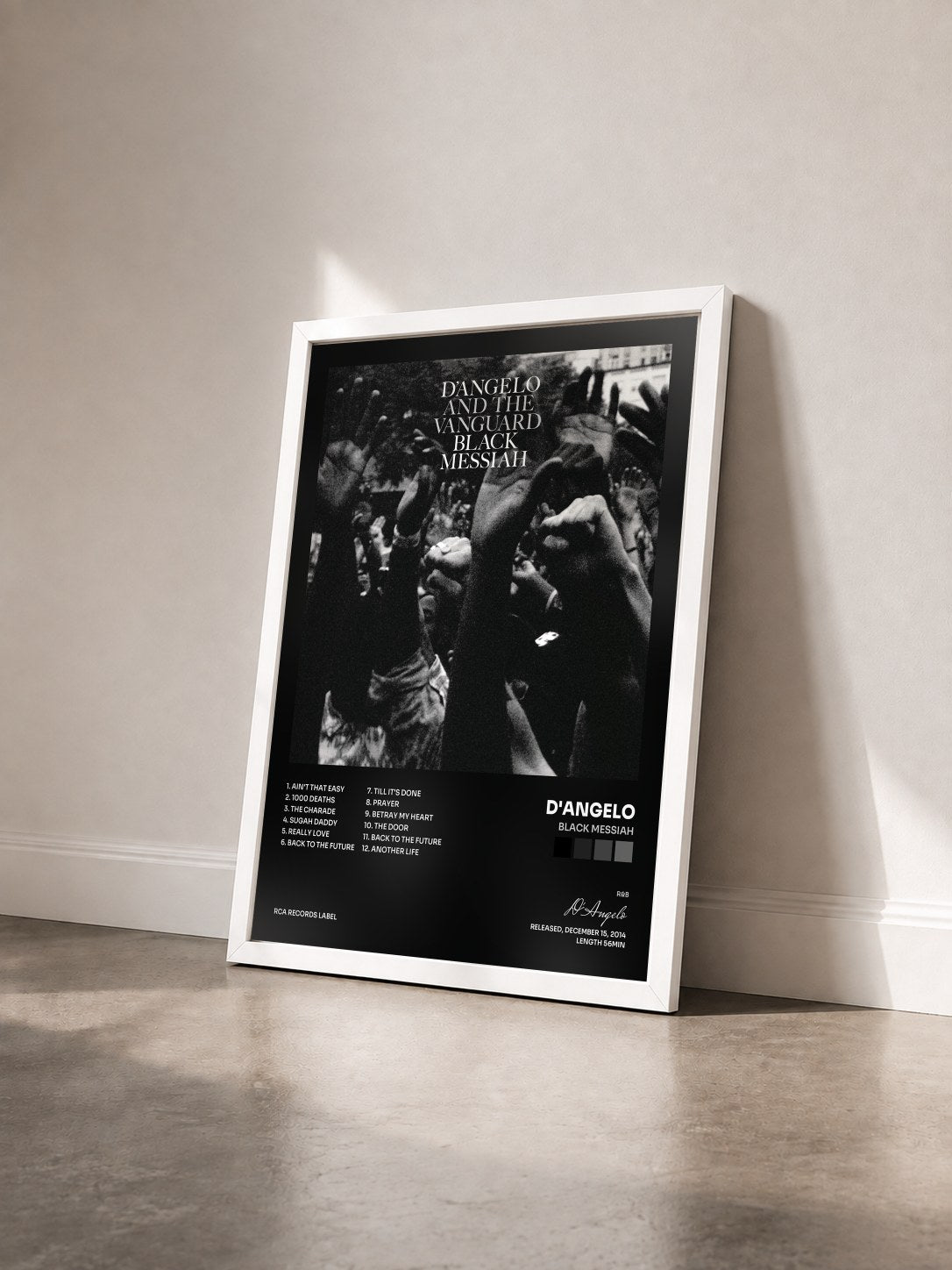 #blanc Tableau de l'album Black Messiah de D'Angelo vu de trois quarts, cadre blanc