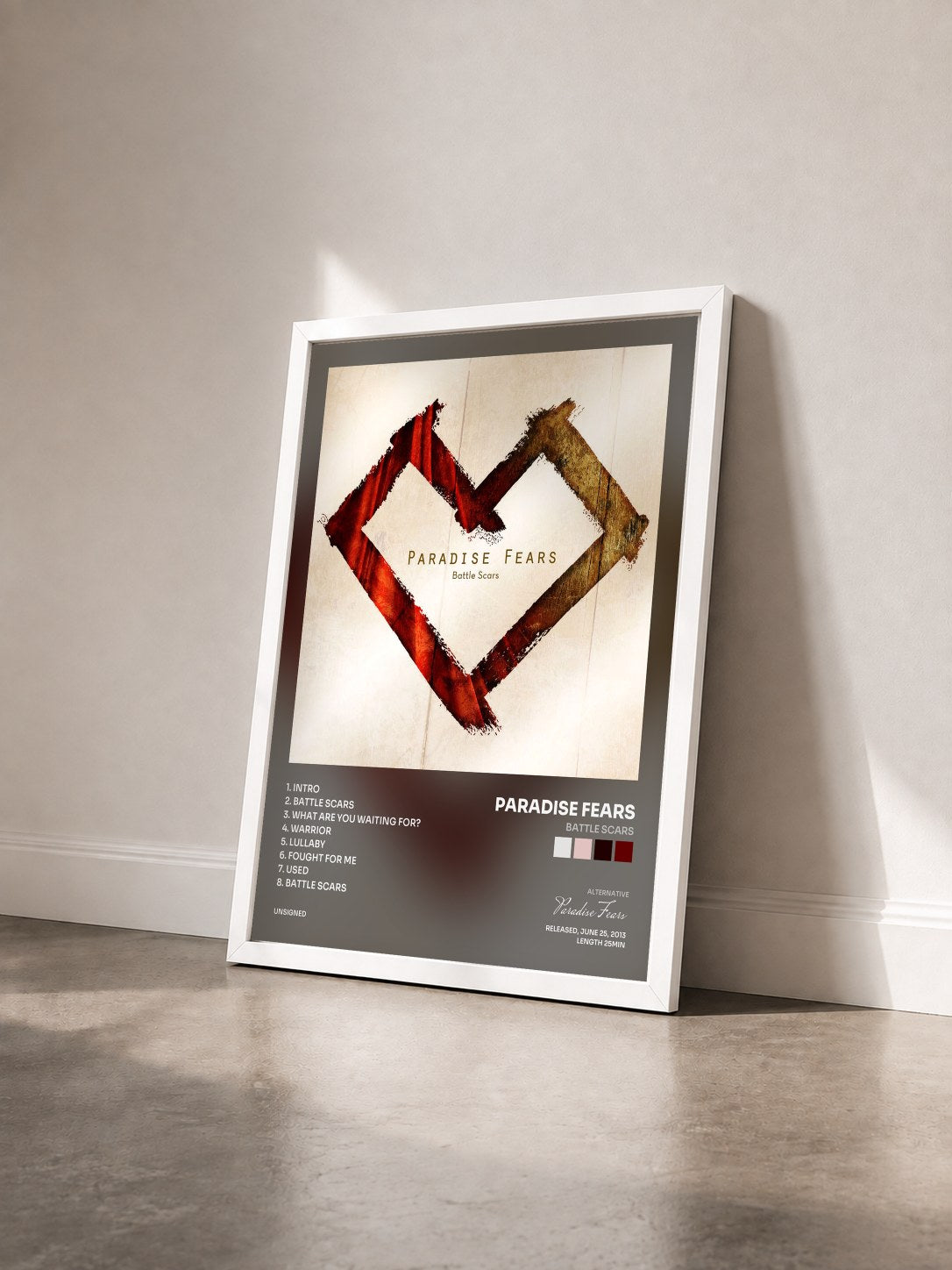 #blanc Tableau de l'album Battle Scars de Paradise Fears vu de trois quarts, cadre blanc